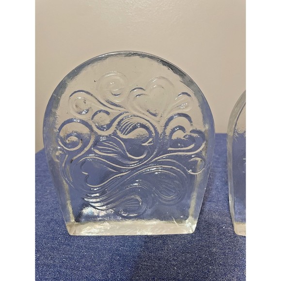 Vintage Blenko Clear Glass Swirling Hearts Bookends by Wayne Husted 699B - Picture 2 of 6